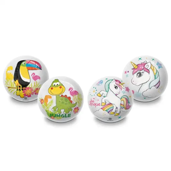 Palla di gomma glitterata con disegno di animali o unicorno 10 cm immagine 1
