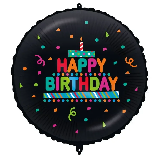 Palloncino in foil per compleanno - con scritta "Happy Birthday", con torta e coriandoli, su sfondo nero, 46 cm immagine 1