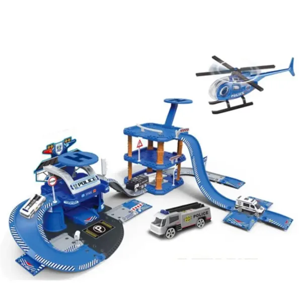Parcheggio blu della polizia con auto e eliporto immagine 2