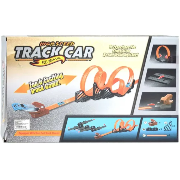Pista da corsa: Set pista da corsa con dinosauri con 2 loop a 360 gradi e 2 auto a retrocarica in scala 1/64 immagine 1