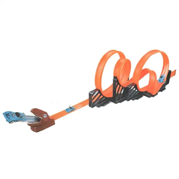 Pista da corsa: Set pista da corsa con dinosauri con 2 loop a 360 gradi e 2 auto a retrocarica in scala 1/64 immagine 2