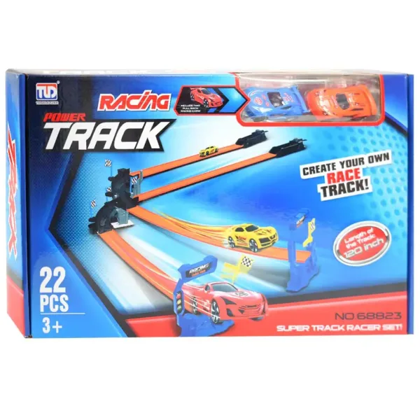 Power Track: Set da corsa da 22 pezzi con incrocio e 2 macchinine a retrocarica 1/64 immagine 1