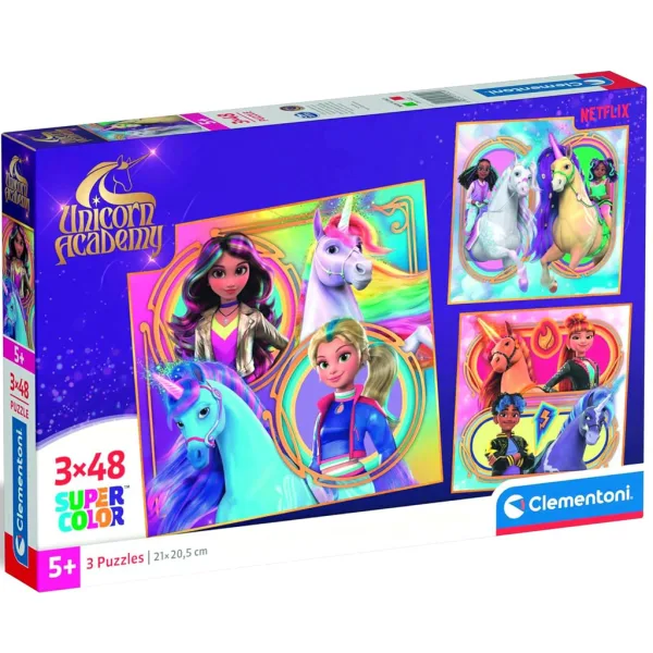 Puzzle Supercolor Unicorno Accademia 3x48 pezzi - Clementoni immagine 1
