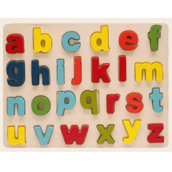 Puzzle in legno colorato con forme ad incastro, alfabeto minuscolo, set da 26 pezzi. immagine 1