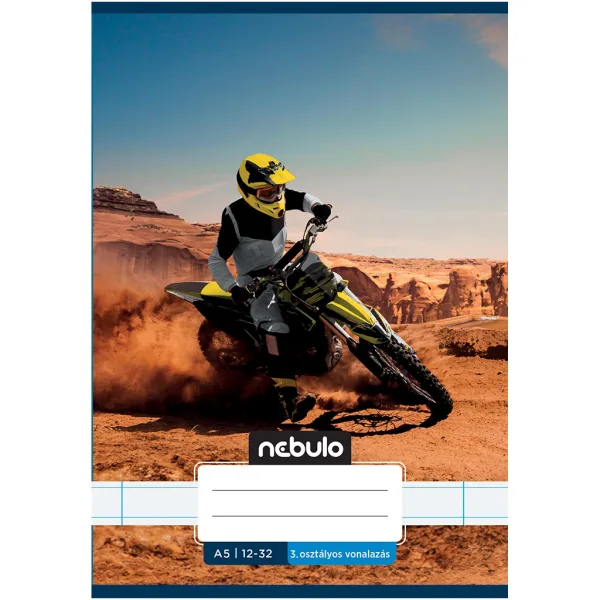 Quaderno a righe formato A/5, 12-32 pagine, per la terza classe, con copertina stampata con motocross nel deserto, marca Nebulo. immagine 1