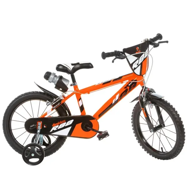 R88 16” bicicletta per bambini con portaborraccia e rotelle laterali, colore arancione-nero – bici Dino Bikes immagine 1
