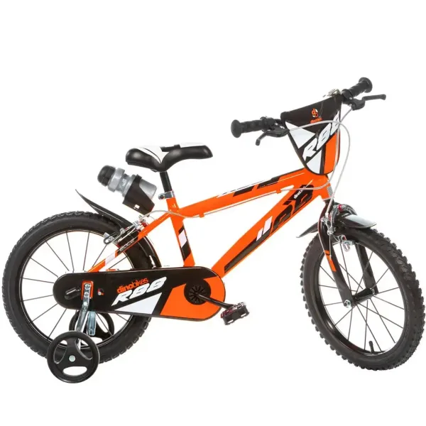 R88 bicicletta per bambini da 14" con portaborraccia e rotelle laterali, colore arancione-nero – bici Dino Bikes immagine 1