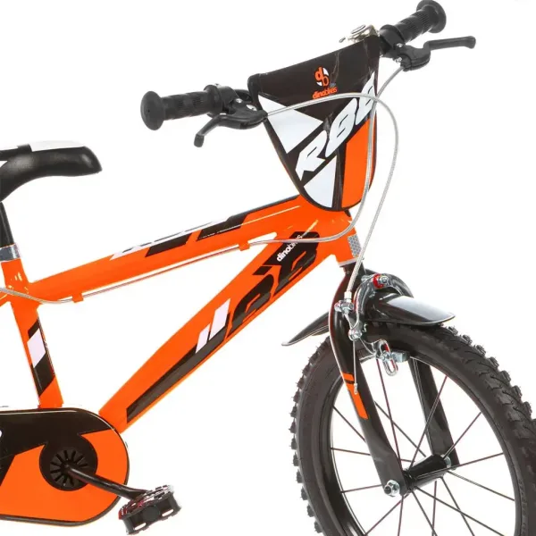 R88 bicicletta per bambini da 14" con portaborraccia e rotelle laterali, colore arancione-nero – bici Dino Bikes immagine 3