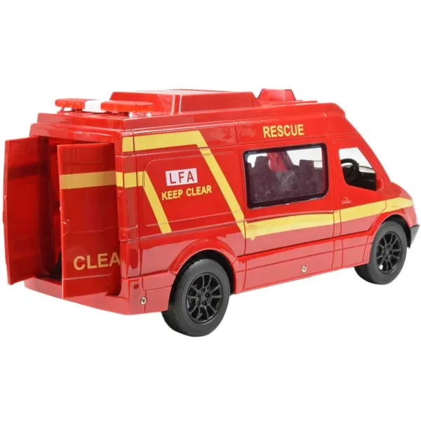RC Autobus dei Pompieri rosso con effetti luminosi, telecomandato, 2,4GHz, scala 1/12, 30cm immagine 2
