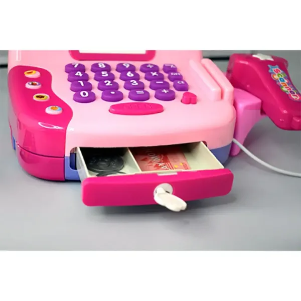 Registratore di cassa elettrico rosa con microfono, soldi finti e suoni. immagine 2