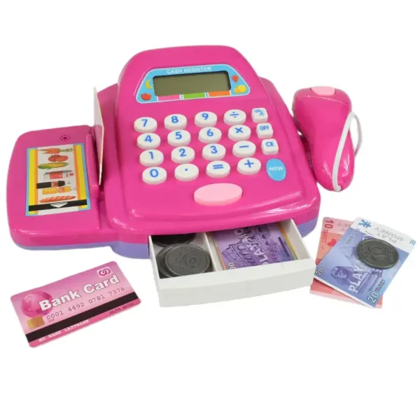 Registratore di cassa rosa con luci e suoni, accessori e soldi finti, 24 cm immagine 2