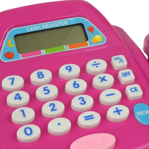Registratore di cassa rosa con luci e suoni, accessori e soldi finti, 24 cm immagine 3