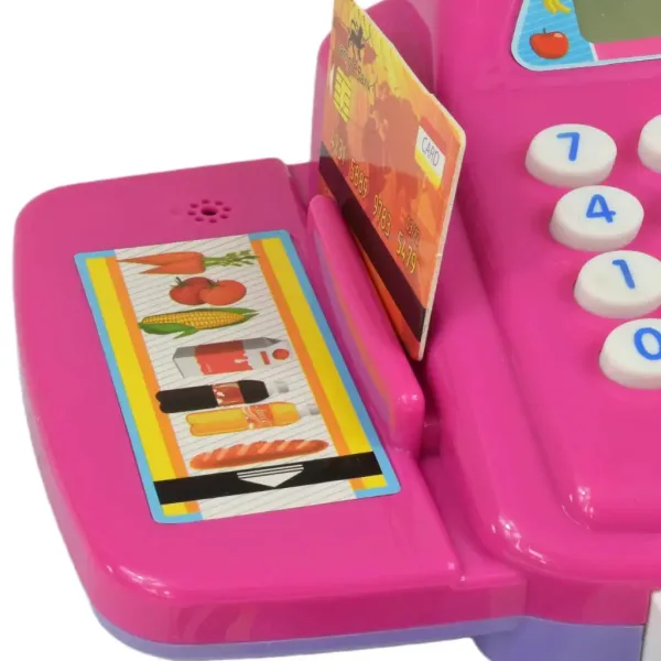 Registratore di cassa rosa con luci e suoni, accessori e soldi finti, 24 cm immagine 4
