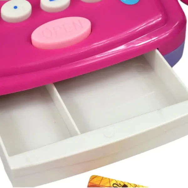 Registratore di cassa rosa con luci e suoni, accessori e soldi finti, 24 cm immagine 6