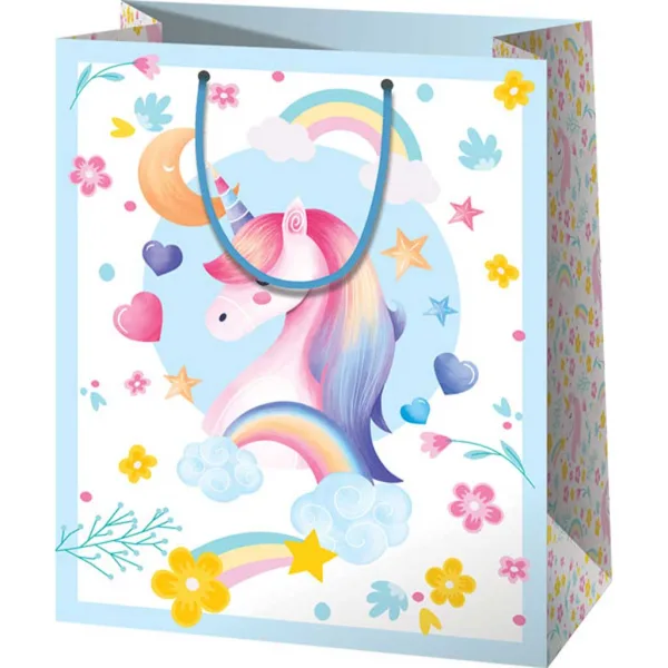 Sacchetto regalo di misura normale con unicorno dai colori arcobaleno 11x6x14 cm immagine 1