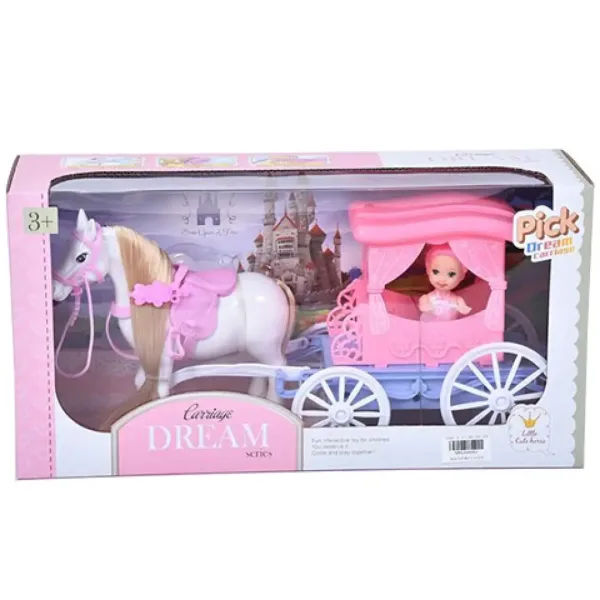 Set carrozza da sogno con cavallo e bambola da 7,5 cm in colore rosa immagine 1