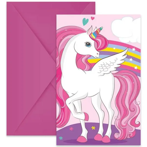 Set di 6 inviti per festa unicorno arcobaleno con busta immagine 1