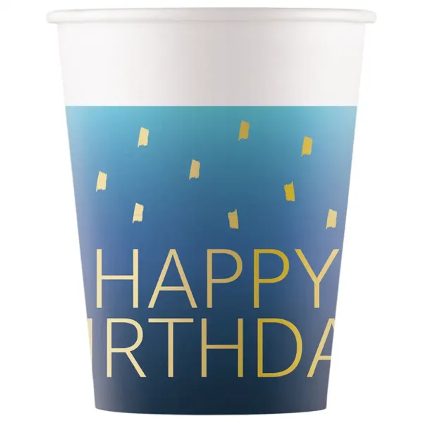 Set di 8 bicchieri di carta da 200 ml con scritta "Happy Birthday" di colore blu immagine 1