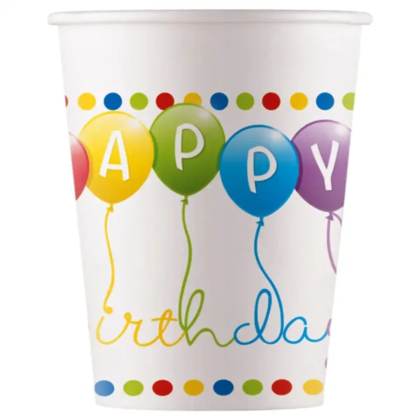 Set di 8 bicchieri di carta da 200 ml con scritta "Happy Birthday" e palloncini colorati immagine 1