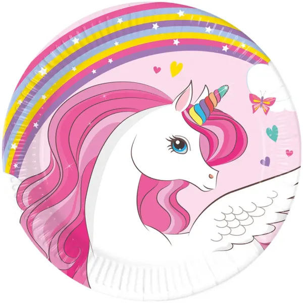 Set di 8 piatti di carta con unicorno arcobaleno da 20 cm immagine 1
