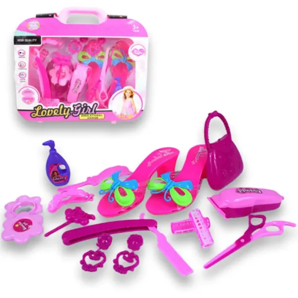 Set di bellezza con accessori da parrucchiere, scarpe e orecchini in borsa immagine 1