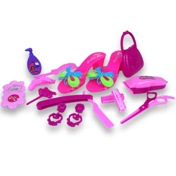 Set di bellezza con accessori da parrucchiere, scarpe e orecchini in borsa immagine 2