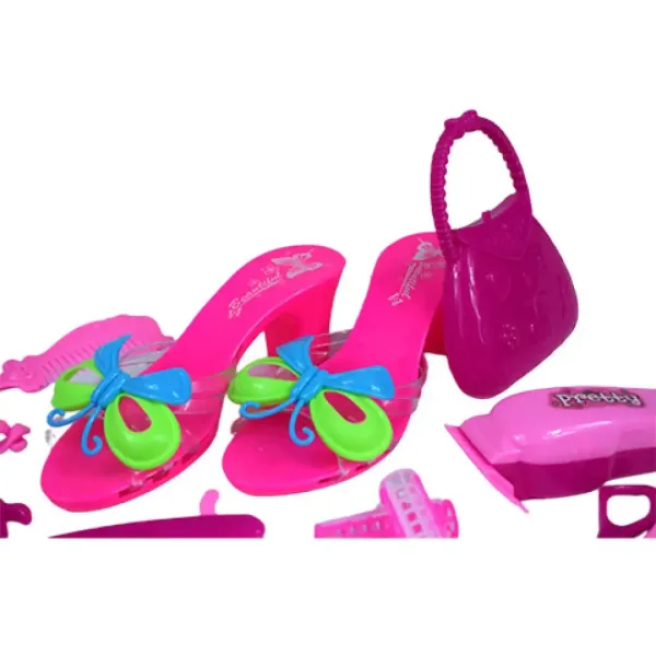 Set di bellezza con accessori da parrucchiere, scarpe e orecchini in borsa immagine 3