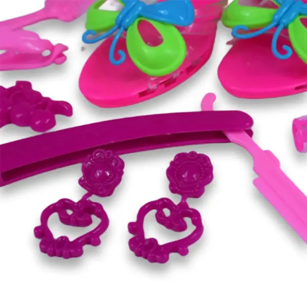 Set di bellezza con accessori da parrucchiere, scarpe e orecchini in borsa immagine 5