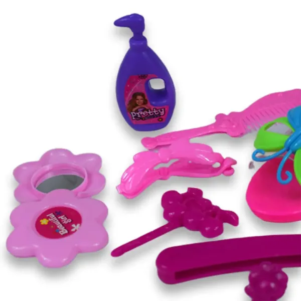 Set di bellezza con accessori da parrucchiere, scarpe e orecchini in borsa immagine 6