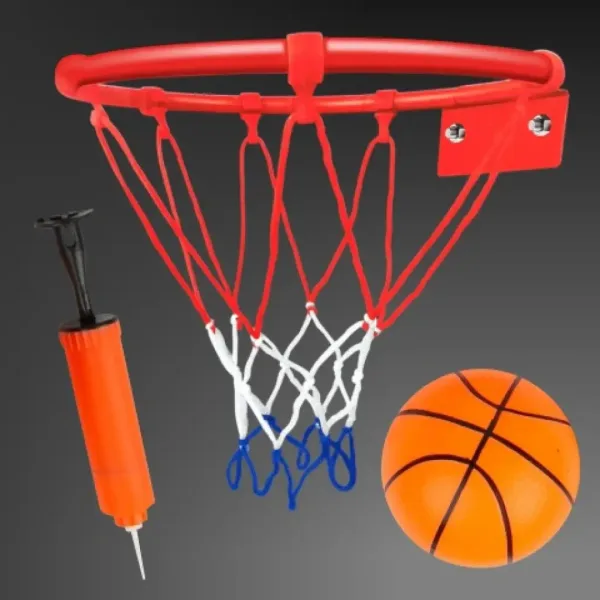 Set di canestro da basket in metallo con rete colorata, palla e pompa da 24 cm immagine 3
