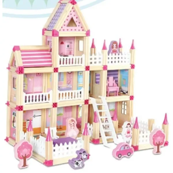 Set da gioco castello rosa in legno con accessori immagine 2