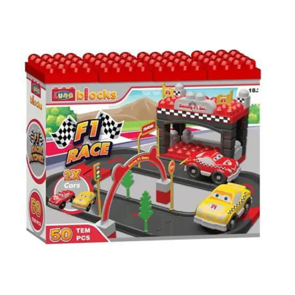 Set di pista da corsa Formula 1 Luna Blocks con macchinine immagine 1