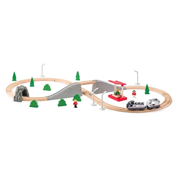Set ferroviario in legno assemblabile con treno passeggeri e altri accessori, 45 pezzi - Woodyland immagine 2