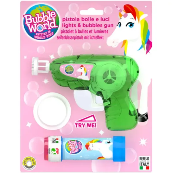 Set pistola spara bolle di sapone unicorno luminoso con 60 ml di liquido immagine 1