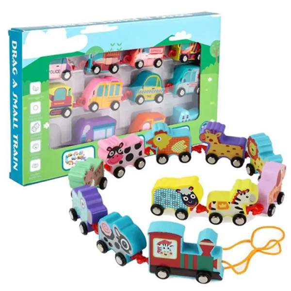 Set treno di legno con animali colorati da tirare immagine 1