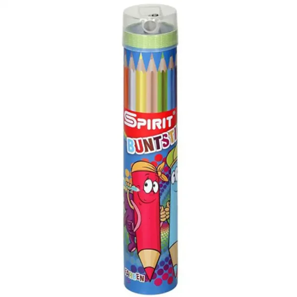 Spirit: Set di 12 matite colorate triangolari con temperino in un contenitore cilindrico. immagine 1