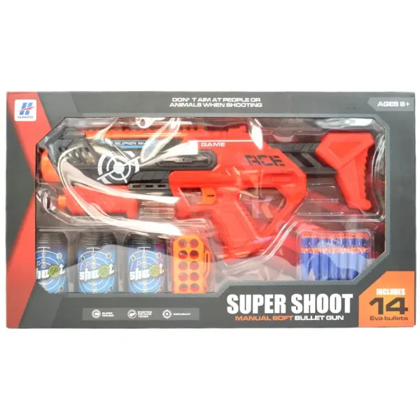 Super Shoot: Fucile manuale spara-spugne con proiettili e bersagli a forma di bottiglia di bibita 46cm immagine 5