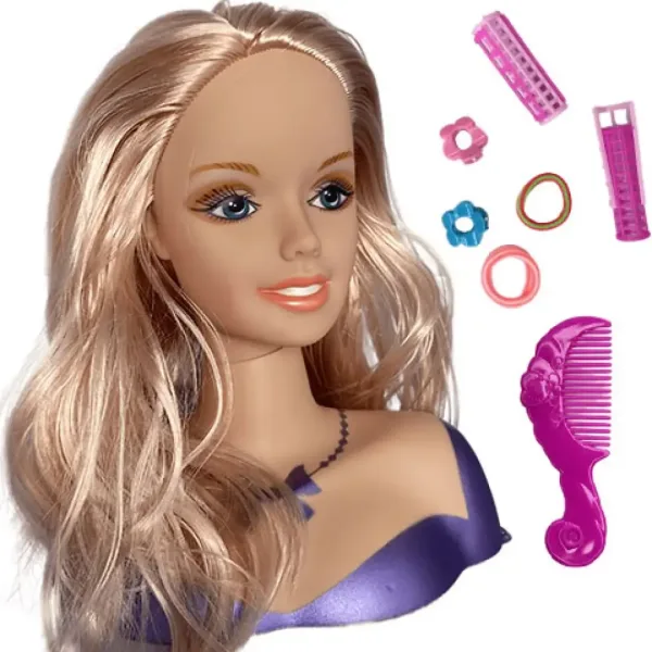 Testa di bambola con capelli biondi pettinabili, bigodini e accessori. immagine 2