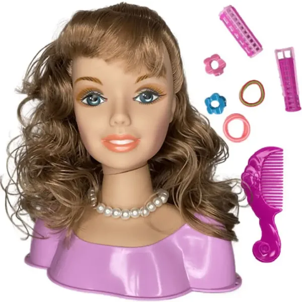 Testa di bambola con capelli castani pettinabili, collana di perle e accessori immagine 2