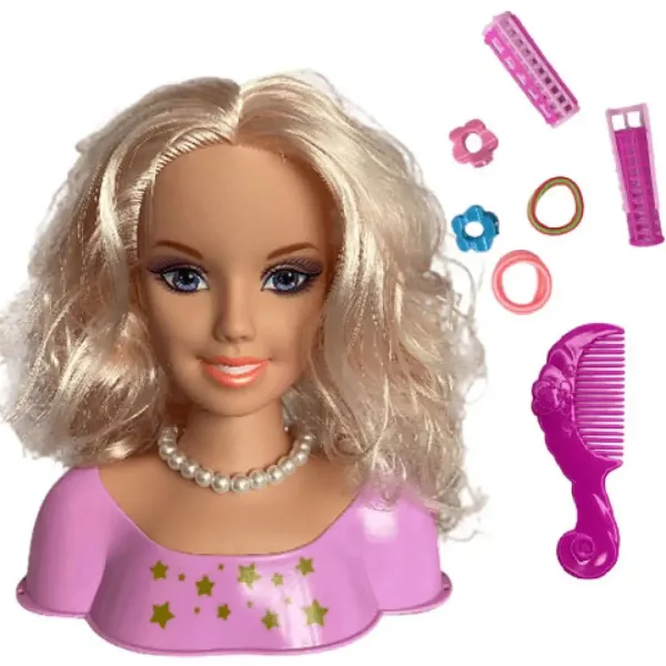 Testa di bambola con capelli lunghi biondi pettinabili, collana di perle e accessori. immagine 2