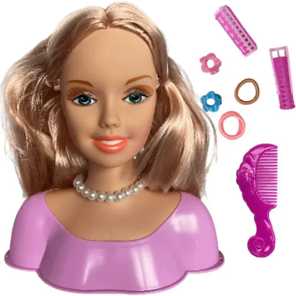Testa di bambola con capelli lunghi biondi pettinabili con bigodini e accessori immagine 2