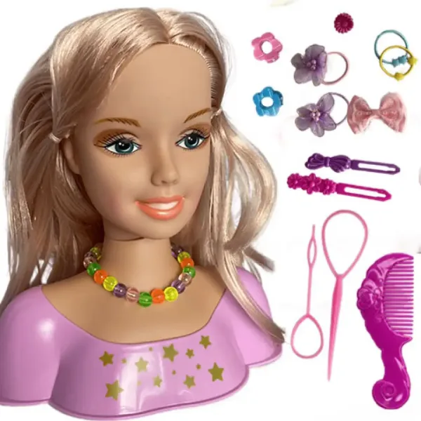 Testa di bambola pettinabile con capelli biondi, fiocchi e accessori immagine 2