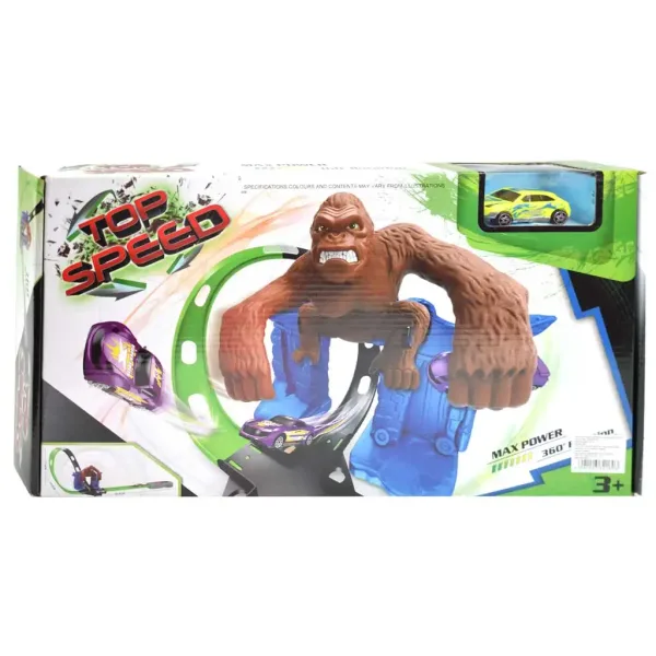 Top Speed: King-Kong 360° doppio super loop pista da corsa con figura di gorilla e 1 macchinina in scala 1/64 immagine 1