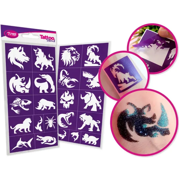 TyToo: Set di stencil per tatuaggi glitter animali selvatici, 22 pezzi immagine 3