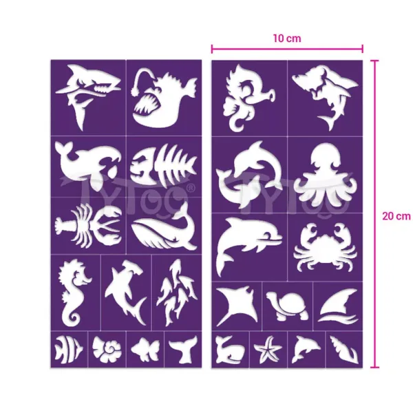 TyToo: Set di stencil per tatuaggi glitter con animali marini, 26 pezzi immagine 3