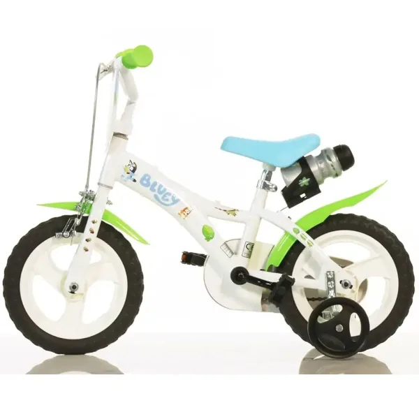 Bicicletta per bambini Bluey 12” con portabottiglie e ruote laterali in bianco-blu-verde – Dino Bikes immagine 2