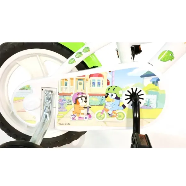 Bicicletta per bambini Bluey 12” con portabottiglie e ruote laterali in bianco-blu-verde – Dino Bikes immagine 4