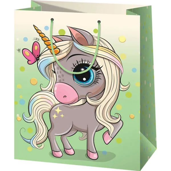 Borsa regalo grande esclusiva verde con motivo unicorno 26x13x33cm immagine 1
