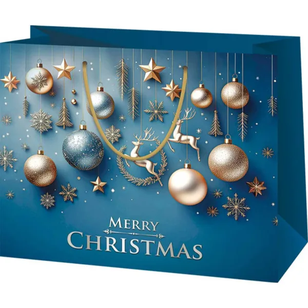 Buon Natale borsa regalo di medie dimensioni con decorazioni oro-argento e renne di colore blu 18x23x10cm immagine 1