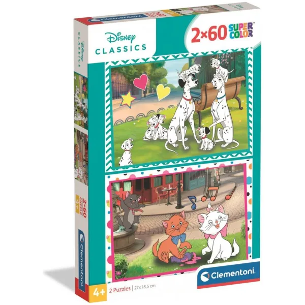Disney Classici 101 Dalmata e Aristogatti puzzle Supercolor 2x60 pezzi - Clementoni immagine 1
